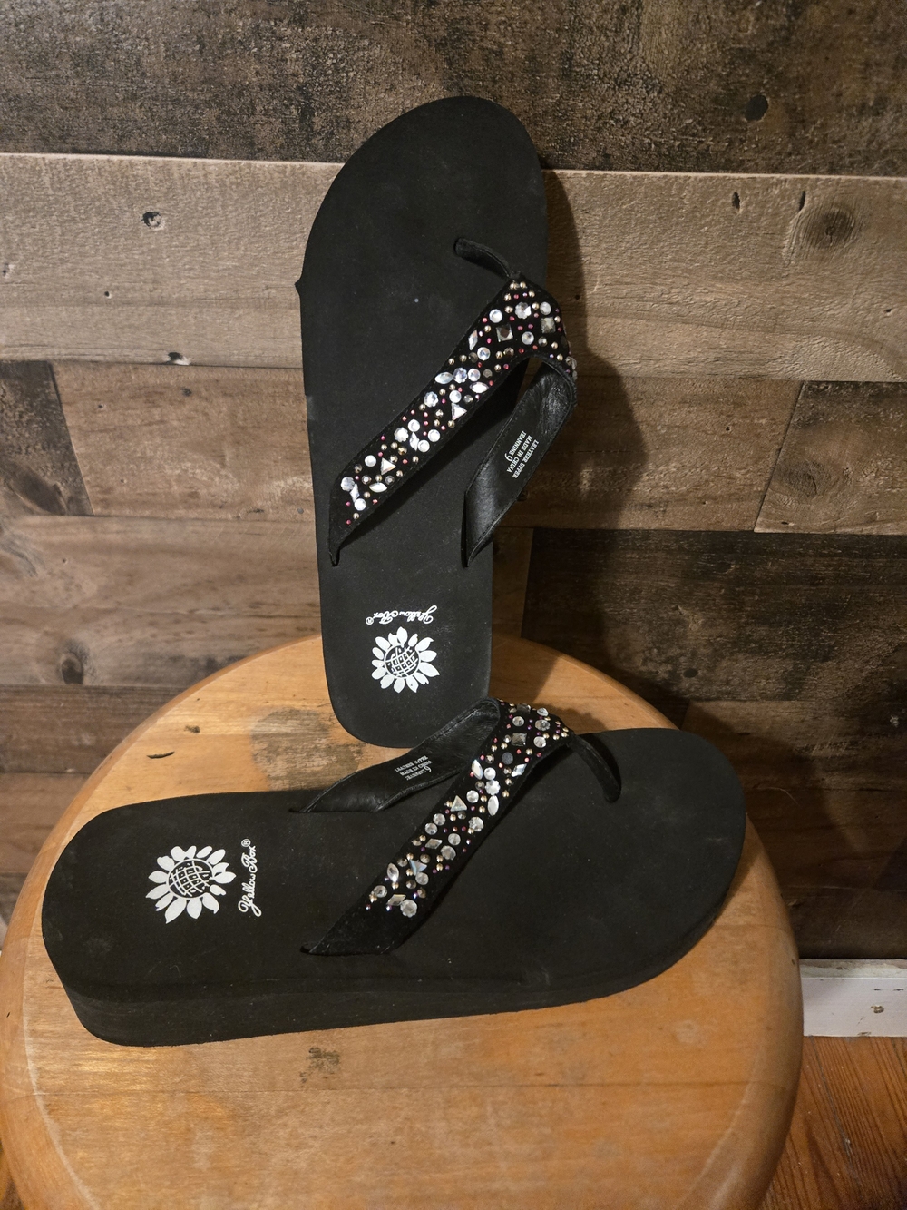 Black Jeweled Platform Flip Flops - Yellow Box